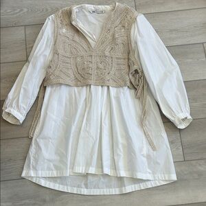 Zara White Dress with Tan Crochet Vest